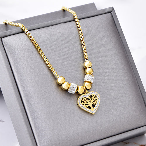 European and American Style Titanium Steel Heart Tree of Life Rhinestone Necklace for Women Simple Love Charm Jewelry